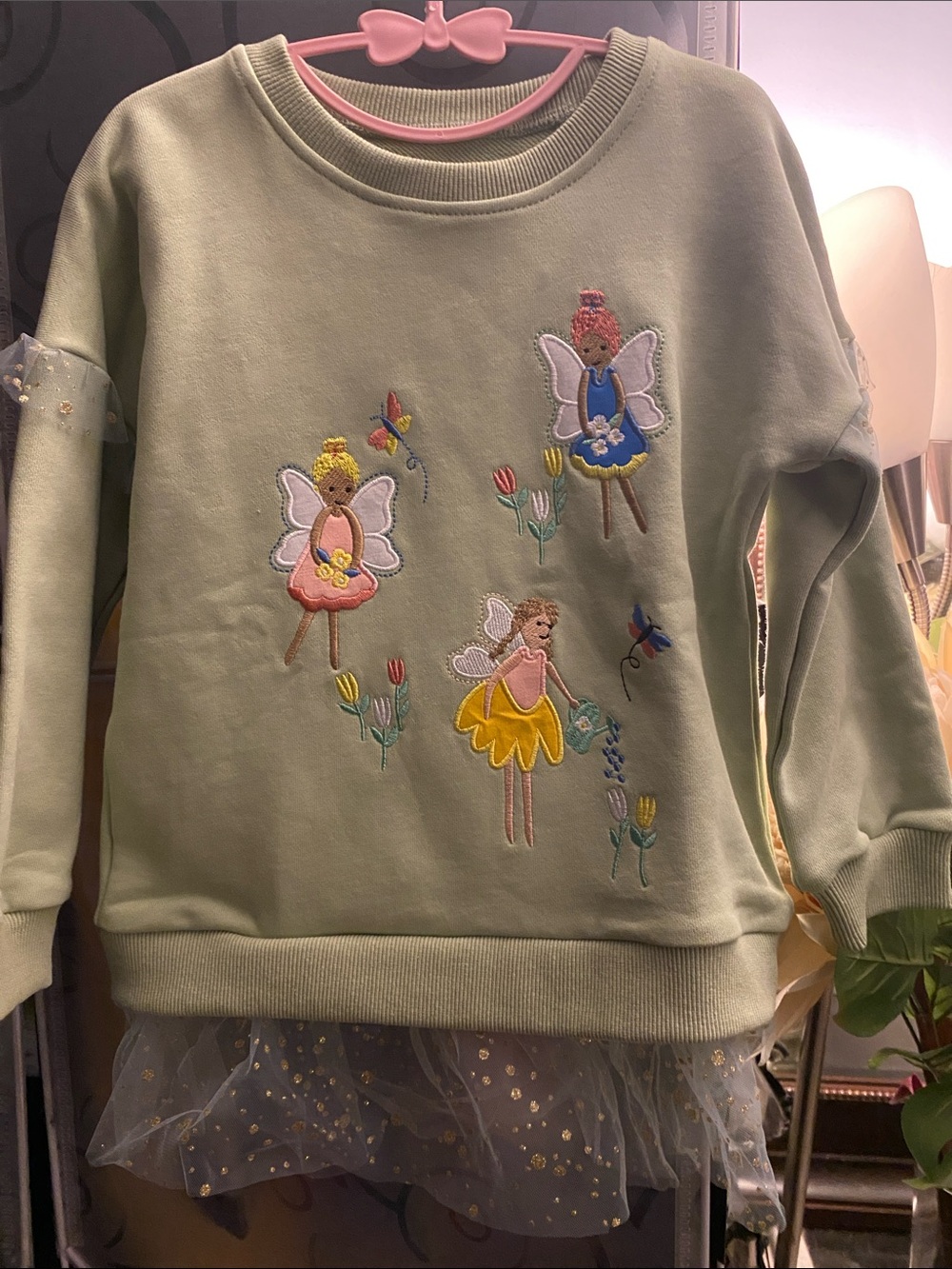 NWOT, Girls' Sage Green Fairy Appliqué Sweatshirt Top